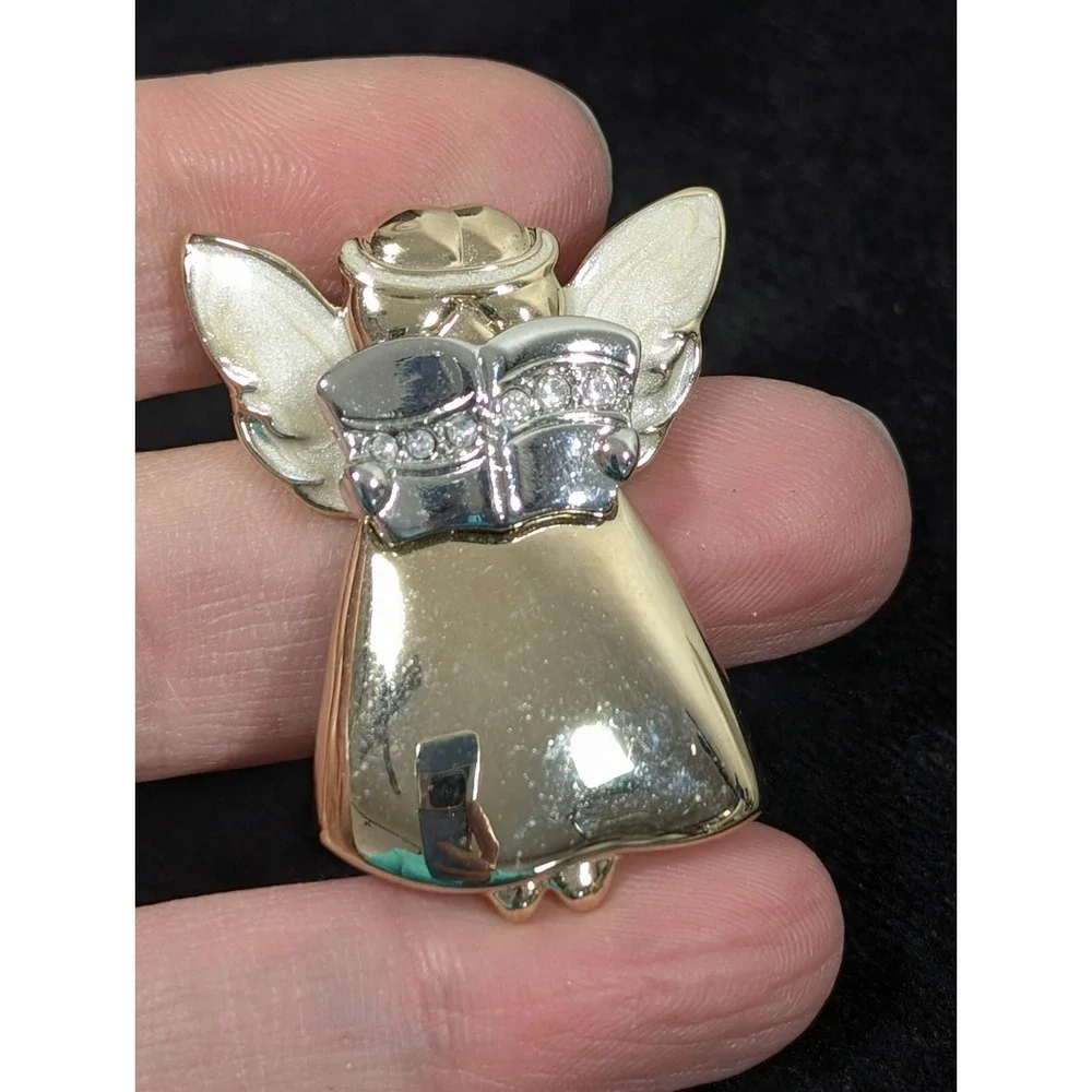 Vintage Christmas‎ Choir Angel Enamel Rhinestone Brooch Pin Two Tone